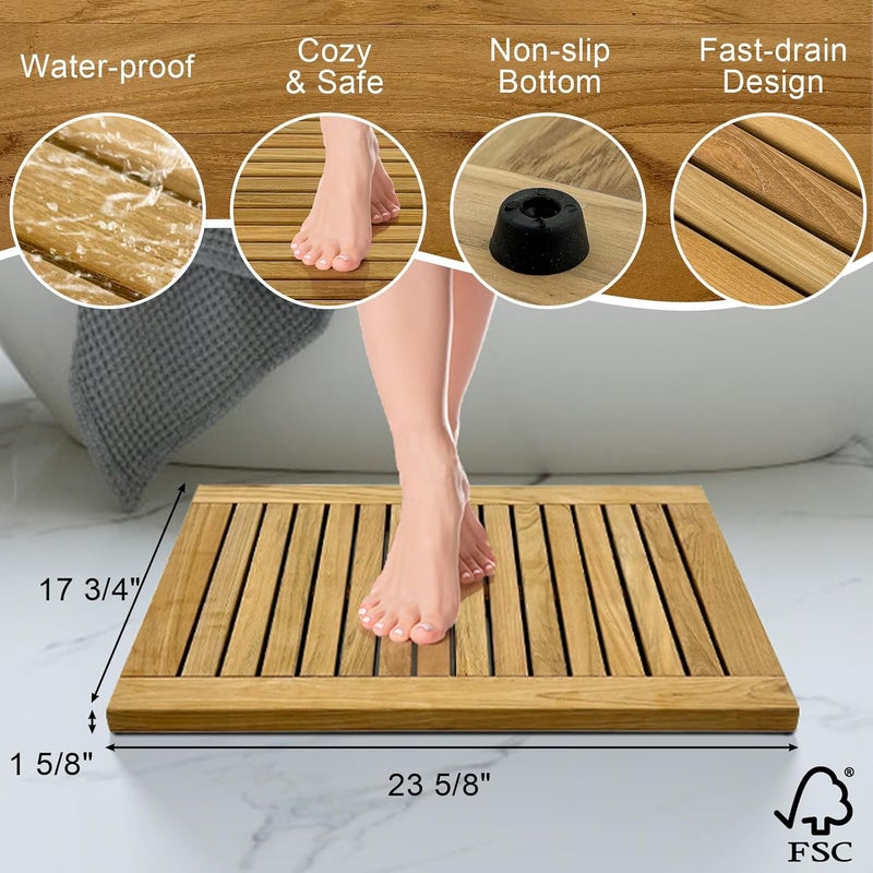 StrongTek 24 inch Teak Shower Mat, Water-Resistant, Non-Slip, Easy-to-Clean Bath Mat for Safety and Durability, Ideal for Bathrooms, Saunas, Spas, and Outdoor Use - Image 2